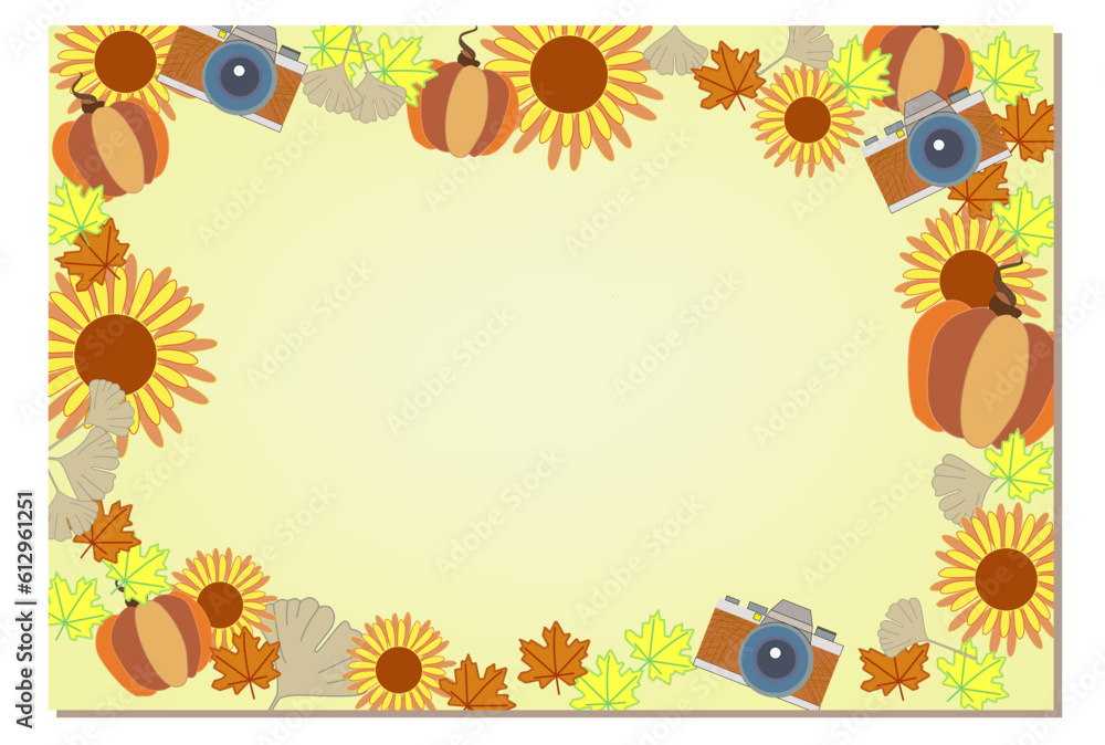 Fototapeta premium Autumn frame with pumpkin, sunflowers and camera. Frame for inserting a photo or text.