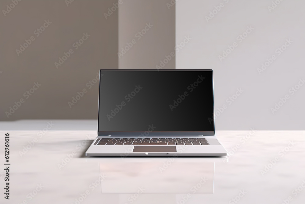 A laptop computer sitting on top of a table. Generative AI. Laptop, portable computer mockup. A laptop computer sitting on top of a table. Generative AI. Laptop, portable computer mockup.