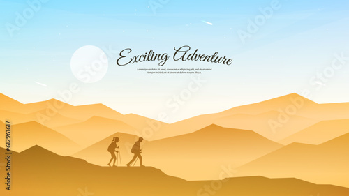Vector illustration. Travel concept of discovering, exploring and observing nature. Hiking. Adventure tourism. Couple walking with backpack and travel sticks. Website template. Desert wallpaper