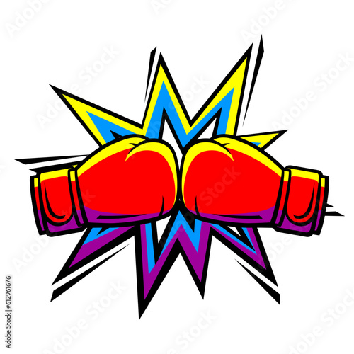Emblem with boxing gloves. Box club label. Sport illustration in cartoon style.
