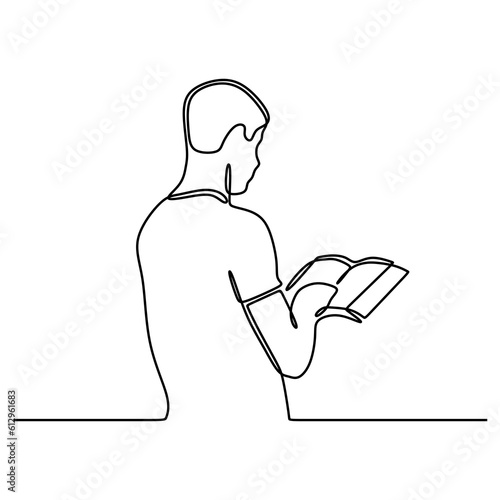 Continuous line drawing of human praying on the holy bible