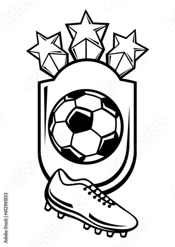 Emblem with soccer symbols. Football club label. Sport illustration in cartoon style.