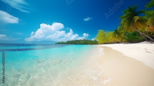 Palm paradise  breathtaking tropical beach  verdant palm trees  and oceanic splendor