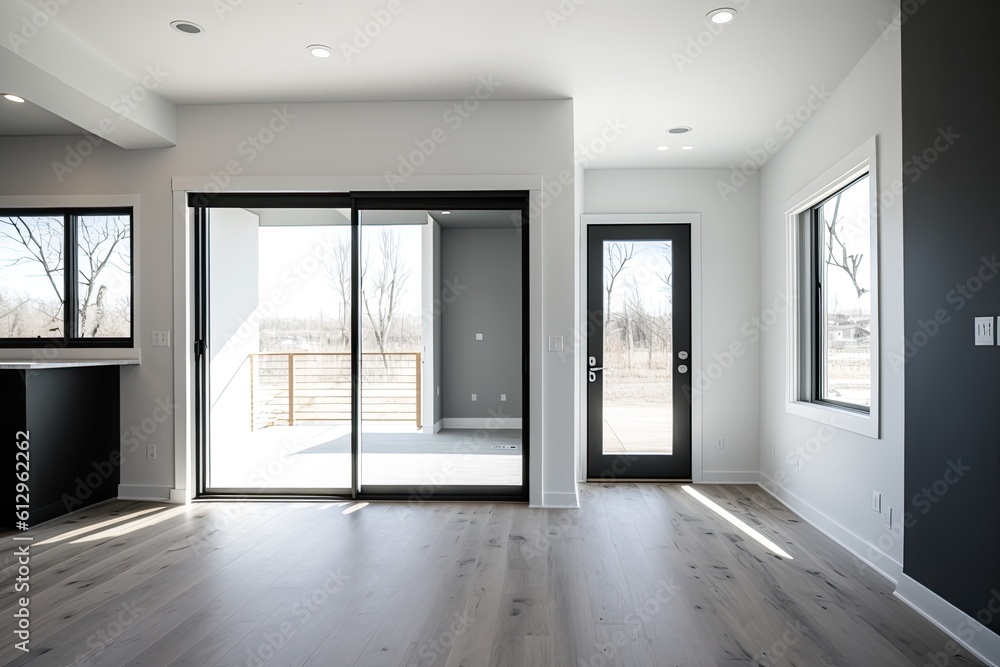 empty, modern room with a sleek sliding glass door. Generative AI empty, modern room with a sleek sliding glass door. Generative AI