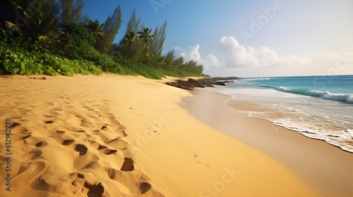 Coastal tranquility  gorgeous tropical beach  sunlit tree line  and gentle sea breezes