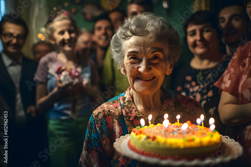 Elderly pensioner grandmother looks at a birthday cake  smiles  blows out a candle surrounded by her family. Generative AI.