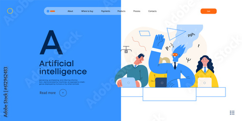 Artificial intelligence illustration. Studies -modern flat vector concept illustration of a group of students in the class. AI metaphor, advantage, superiority and dominance concept