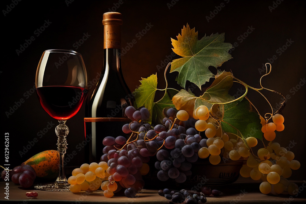 Wine in a glass and grapes. AI Generated