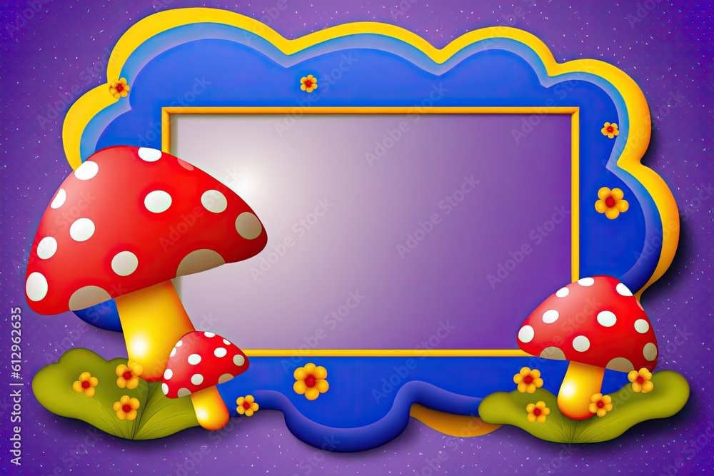 mushrooms and flowers in a purple picture frame. Generative AI