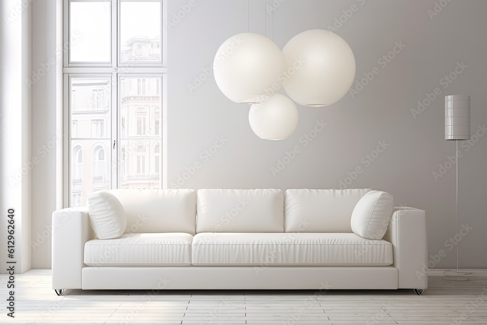white couch in a modern living room with a hanging pendant light. Generative AI white couch in a modern living room with a hanging pendant light. Generative AI