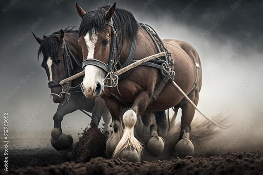 Horses plow the land. Horses work field. AI Generated Horses plow the land. Horses work field. AI Generated