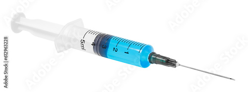 Disposable syringe with an injection needle filled with blue liquid medicine, isolated on transparent background