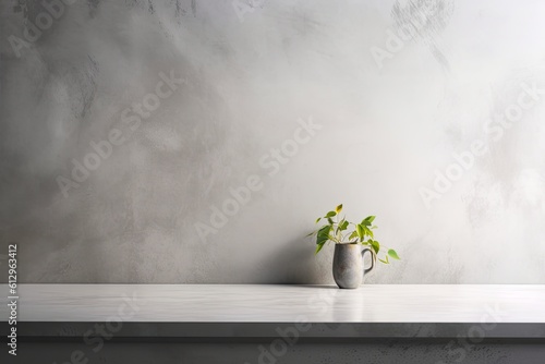 beautiful green plant in a white pot placed on a minimalist white counter. Generative AI