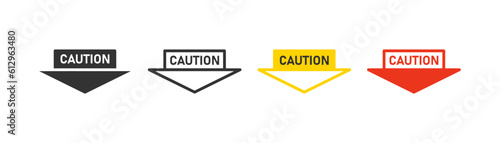Caution down arrow icon on light background. Attention symbol. Factory, manufacture, warning, danger red sign, careful yellow board. Outline, flat and colored style. Flat design. Vector illustration