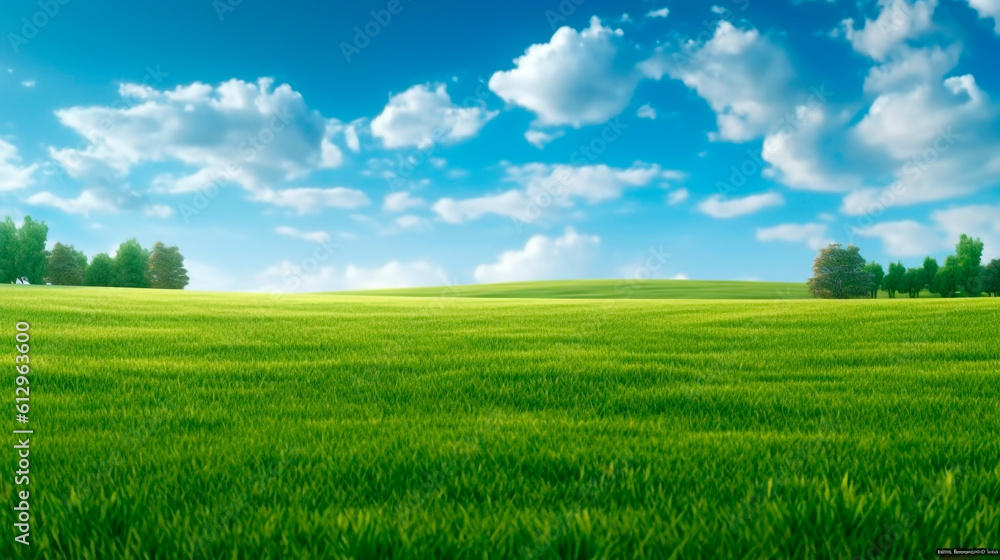 Naklejka premium green field and blue sky. Generative Ai.