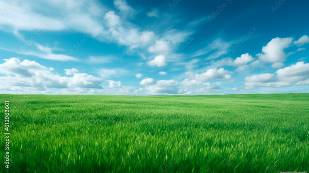 green field and blue sky with clouds. Generative Ai. green field and blue sky with clouds. Generative Ai.