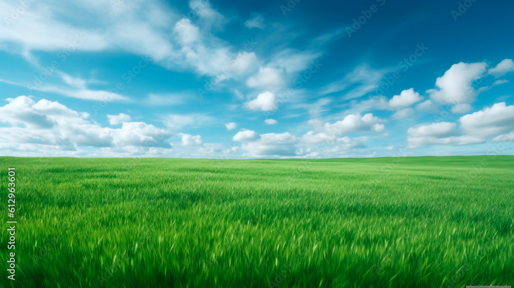 green field and blue sky with clouds. Generative Ai. 