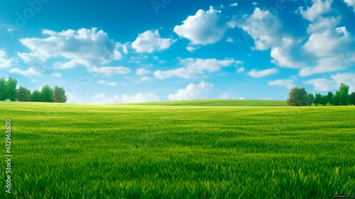 green field and blue sky. Generative Ai. 