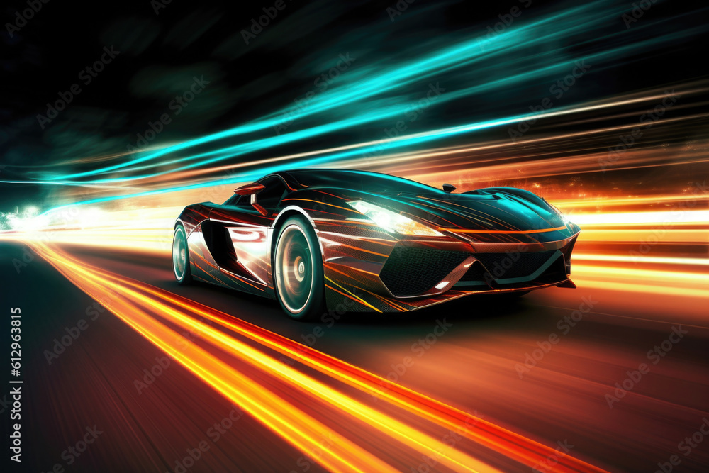 Car silhouette with motion blur effect. Futuristic sports car at night road with light effects. Supercar acceleration at night track with colored light trails. Created with Generative AI Car silhouette with motion blur effect. Futuristic sports car at night road with light effects. Supercar acceleration at night track with colored light trails. Created with Generative AI