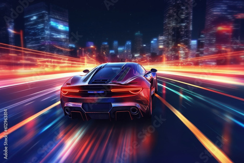 Car silhouette with motion blur effect. Futuristic sports car at night road with light effects. Supercar acceleration at night track with colored light trails. Created with Generative AI © Lazy_Bear