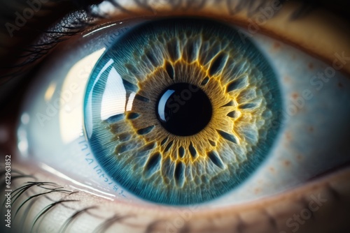 detailed blue eye with a vibrant yellow iris. Generative AI