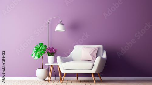 white armchair with lamp in purple room. Generative Ai. 