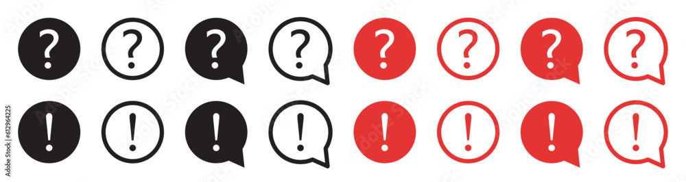 Set of question mark and exclamation mark icons. FAQ signs, help. Help speech bubble sign, vector. Set of question mark and exclamation mark icons. FAQ signs, help. Help speech bubble sign, vector.