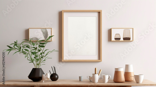 room interior with window and empty frame for poster mockup. Generative Ai.  © PETR BABKIN