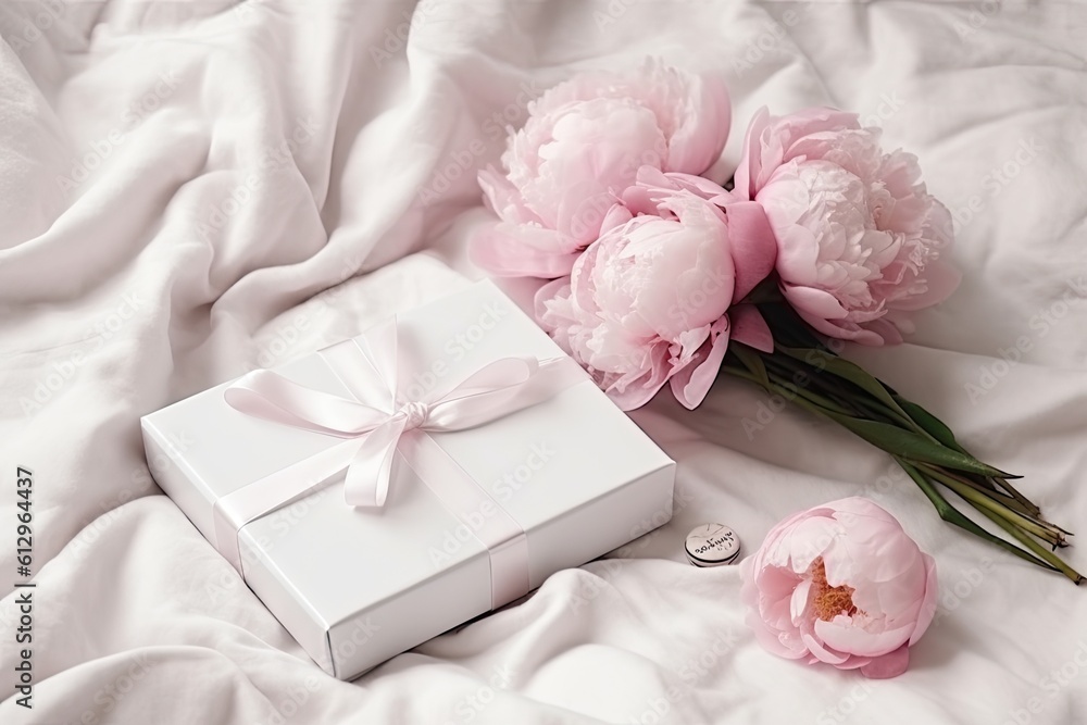 white box filled with pink flowers placed on a white blanket. Generative AI white box filled with pink flowers placed on a white blanket. Generative AI