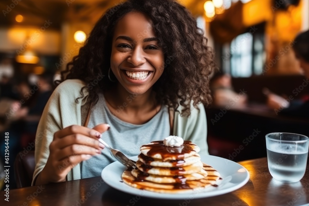 A woman eating pancakes with syrup in cafe, AI Generative A woman eating pancakes with syrup in cafe, AI Generative