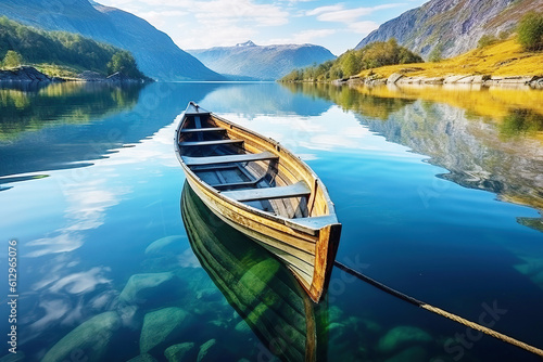 A wooden boat is floating in clear water mountains, beautiful landscape. Generative AI