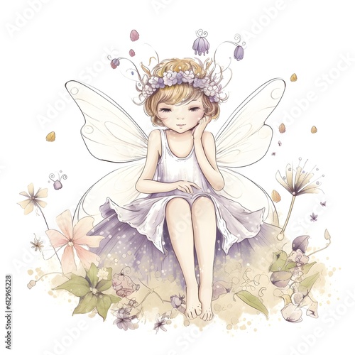 Fairy dreamscape, magical illustration of a cute fairy with colorful wings, flowers, and whimsy