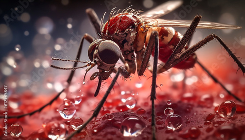 3D rendering. 3D illustration of a mosquito sucking blood, microscopic shot