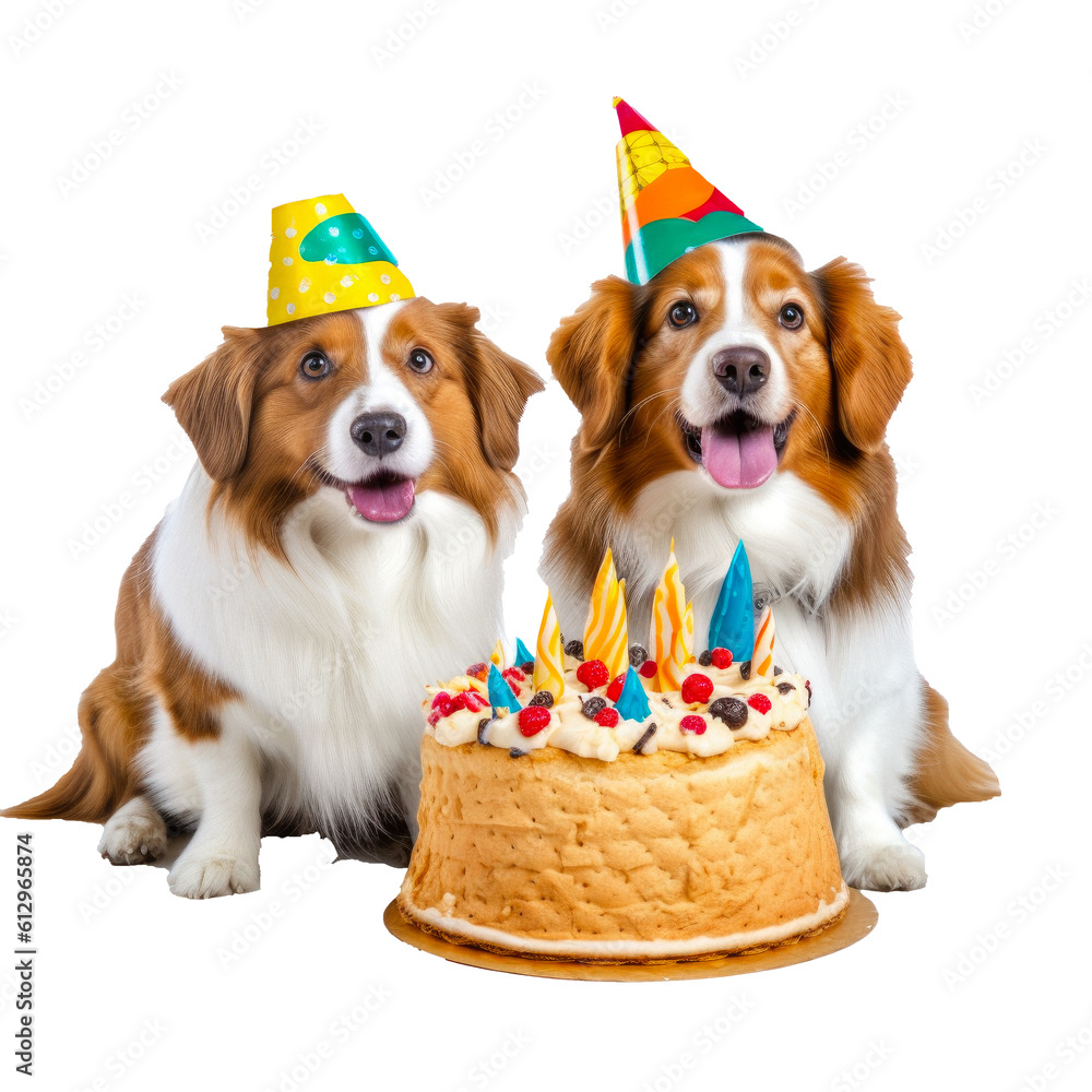 Funny cute dogs with party hats sitting behind a birthday cake on a ...