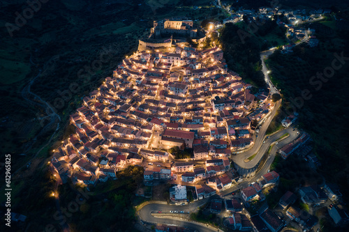 Fotografija Aerial view of Italian hilltop town, Rocca Imperiale at dusk in the Calabria Reg