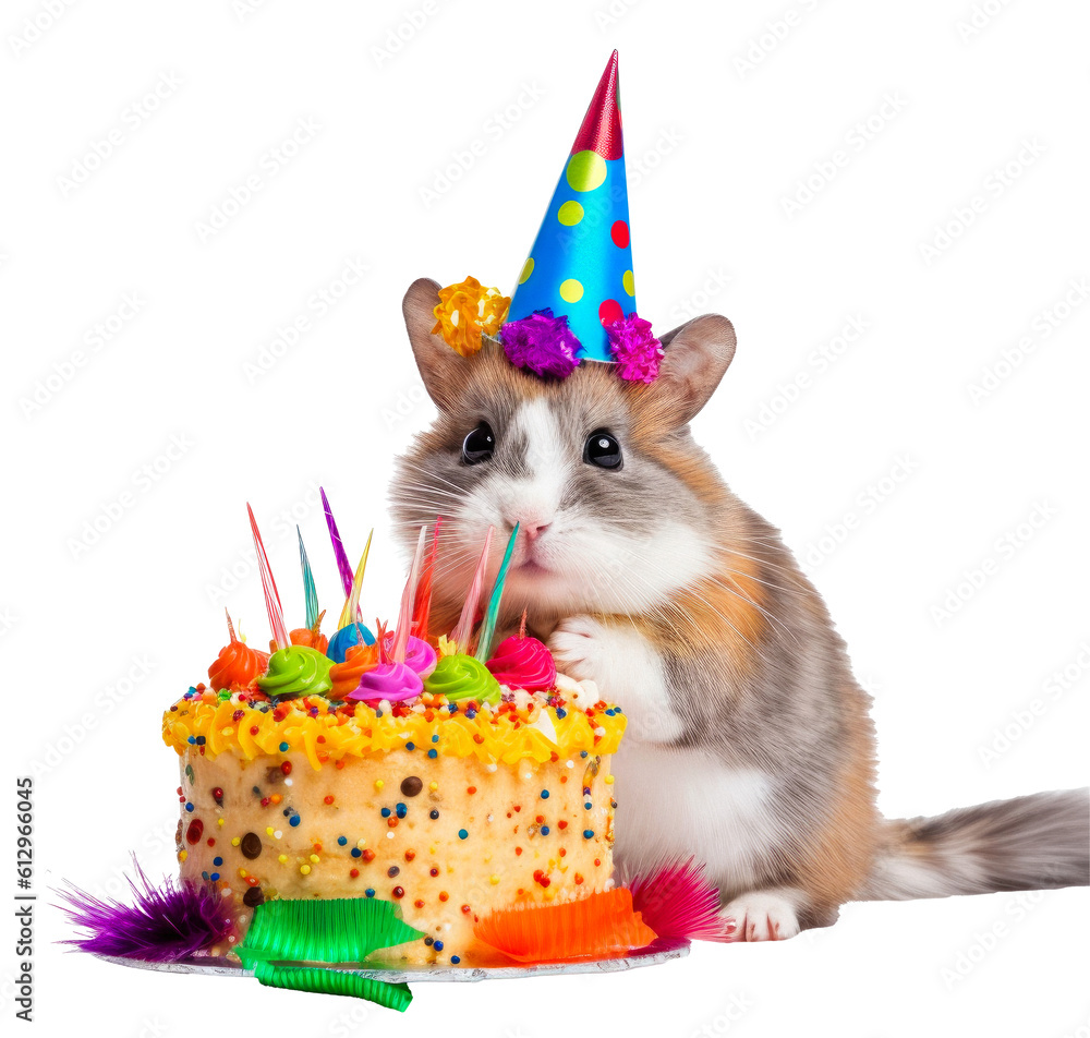 Sweet mouse sitting on a birthday cake and wearing a birthday party hat ...