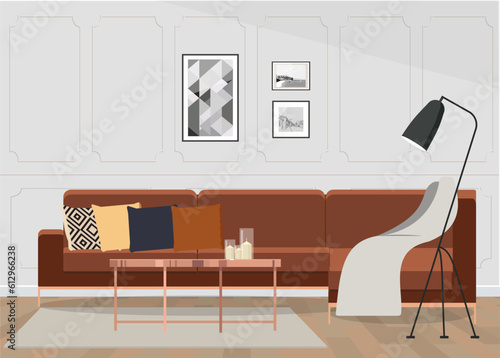 Illustration of an eclectic living room interior with a comfortable velvet corner sofa with cushions.