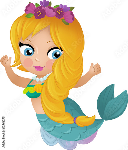 cartoon scene with happy young mermaid swimming isolated illustration for children