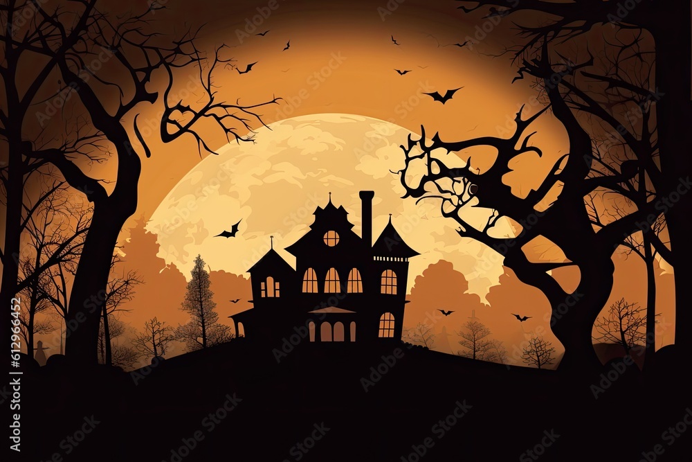 haunted house with bats flying in front of a full moon on Halloween night. Generative AI
