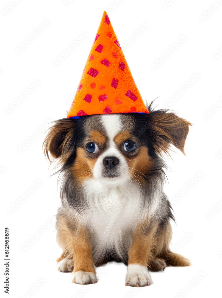 Puppy dog wearing a birthday party hat on a transparant background, cut ...