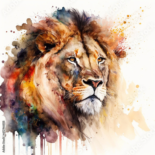 A colorful watercolor portrait of a lion - Generative AI