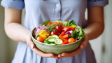 A woman with a bowl of salad with bright vegetables and light dressing. The concept of a balanced and nutritious dish. Generative AI.