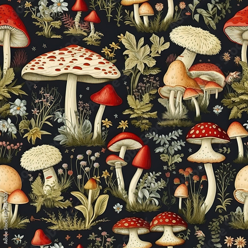 A pattern of mushrooms and flowers on a black background. Generative AI, seamless natural background.