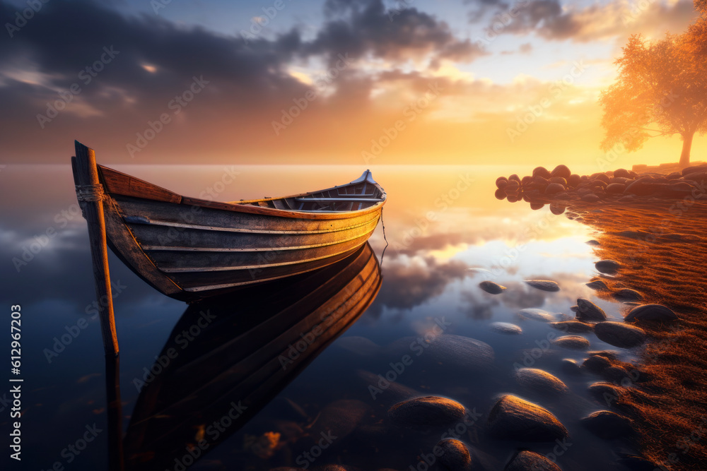 Tranquil Rowboat on Calm Lake at Sunset, ai generated