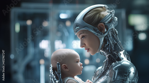 The cyborg mother has a real baby in her arms. Science and technology of the future. Generative AI.