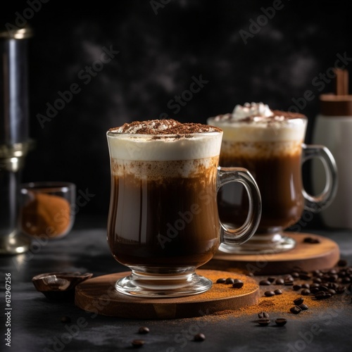 Frosted rim Irish coffee with whipped cream and cocoa powder