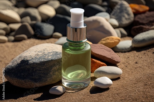 Glass bottle of moisturizing face serum, cosmetic oil on stones on a sandy background. face skin care throughout the summer. Generative AI