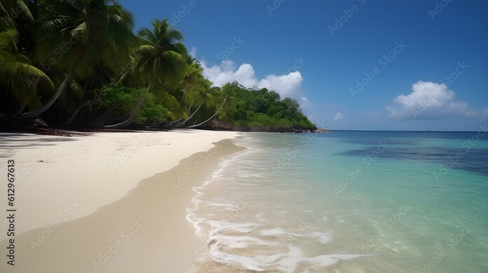 Beachscape paradise, stunning tropical beach, palm trees, and serene ocean retreat