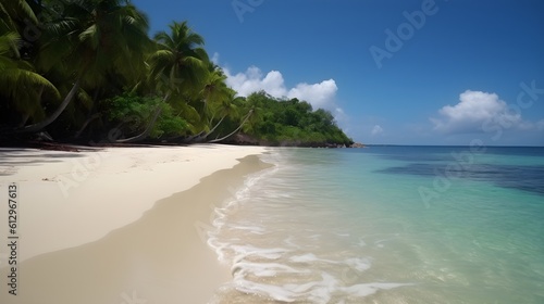 Beachscape paradise, stunning tropical beach, palm trees, and serene ocean retreat © Ranya Art Studio