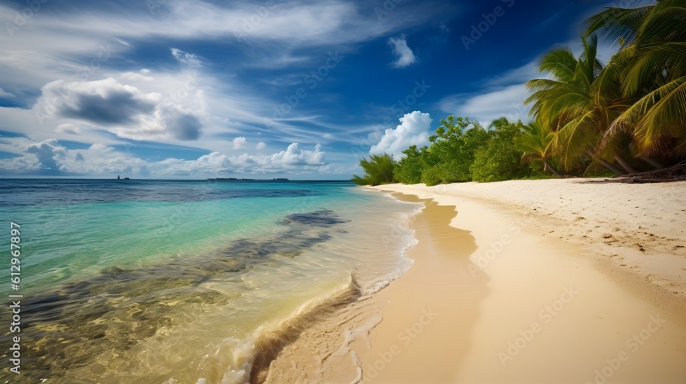 Tropical escape, stunning sandy beach, swirling clouds, and paradise found